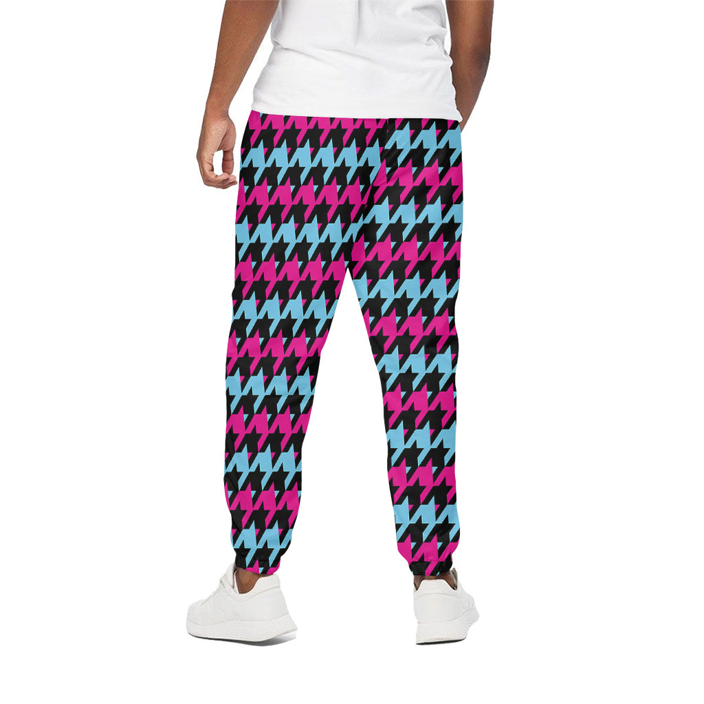 Pink Blue And Black Houndstooth Print Cotton Pants