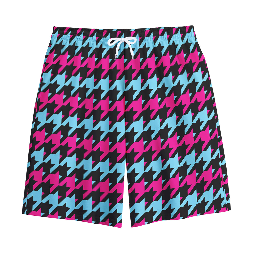 Pink Blue And Black Houndstooth Print Cotton Shorts