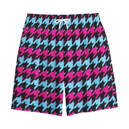 Pink Blue And Black Houndstooth Print Cotton Shorts