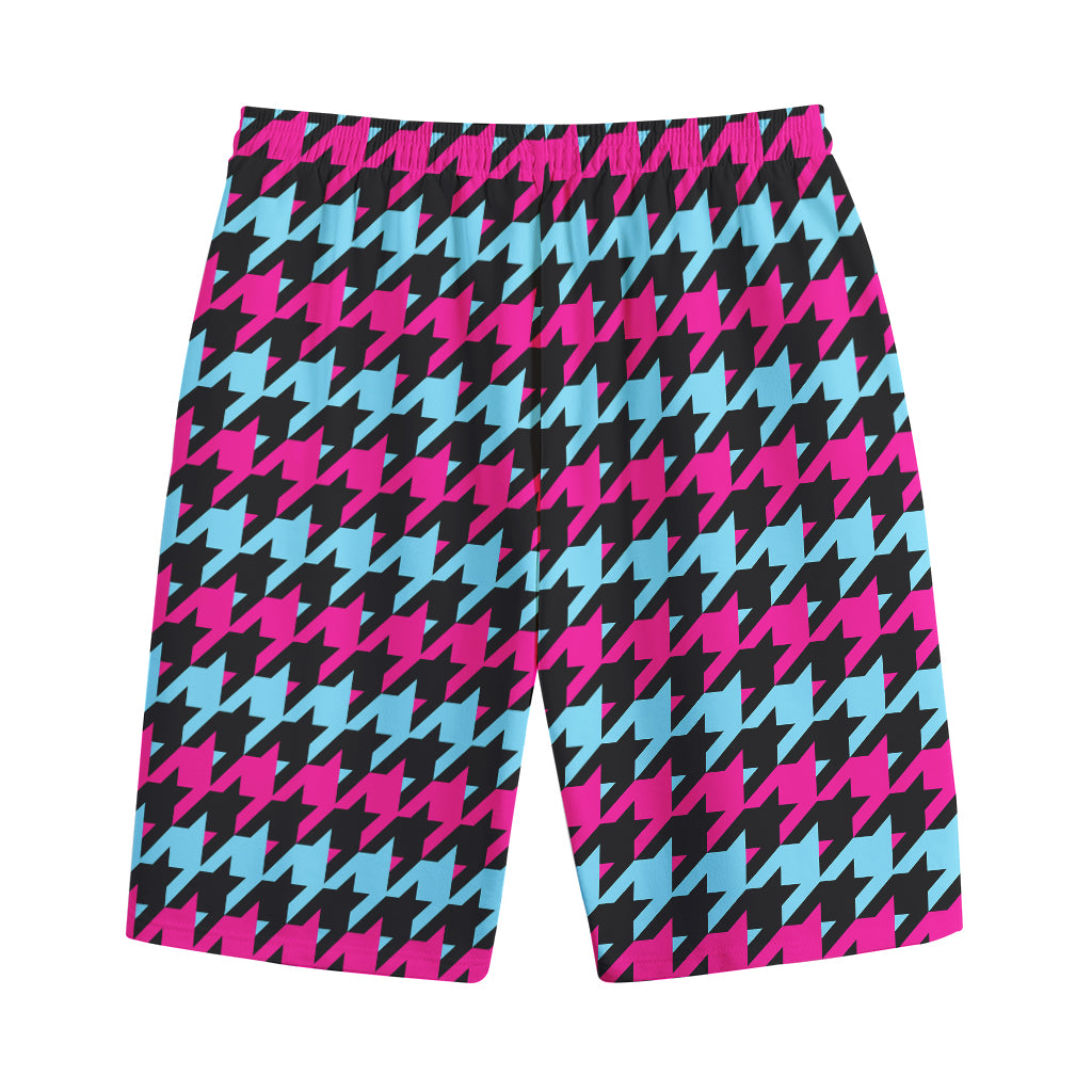 Pink Blue And Black Houndstooth Print Cotton Shorts