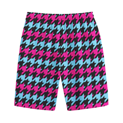 Pink Blue And Black Houndstooth Print Cotton Shorts