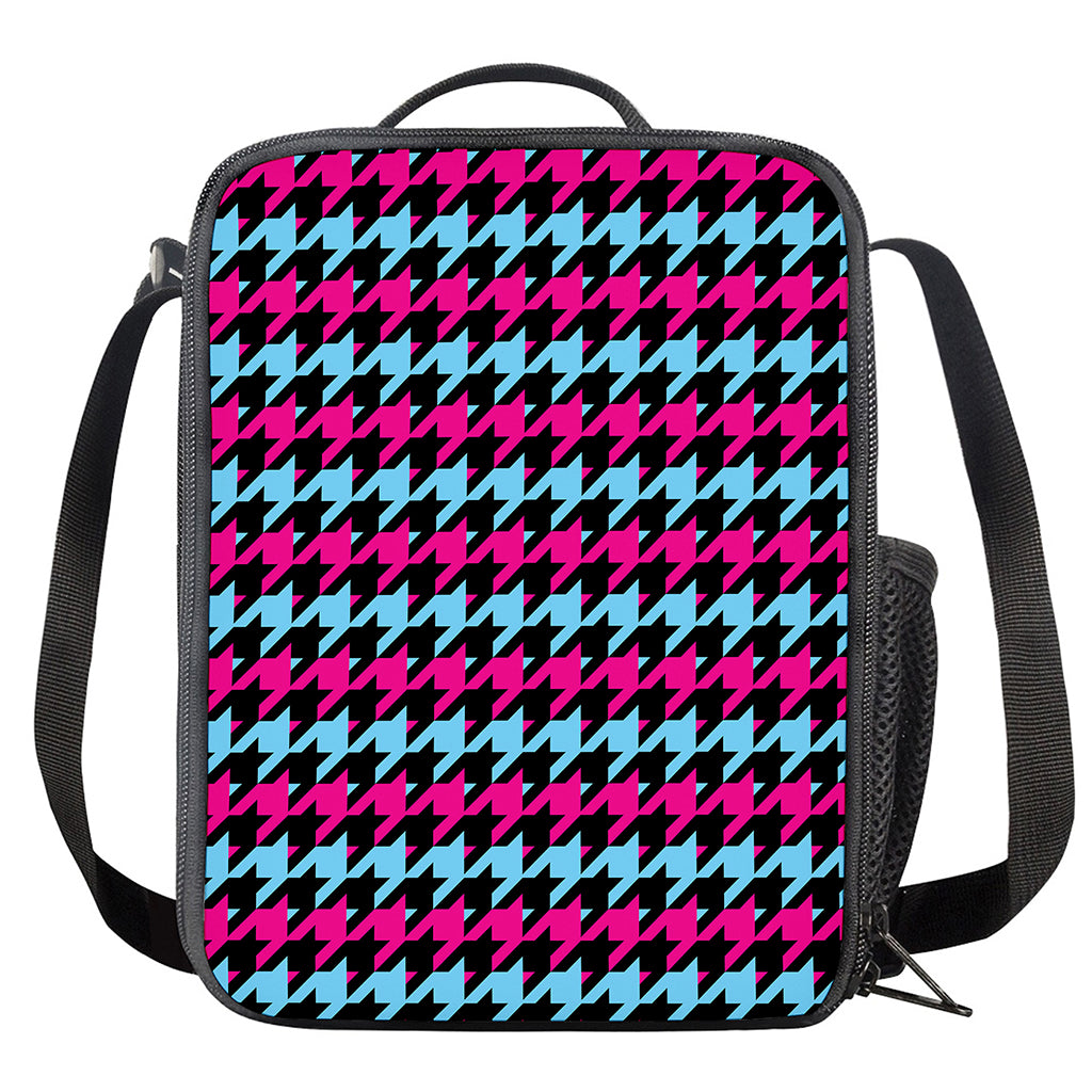 Pink Blue And Black Houndstooth Print Crossbody Lunch Bag