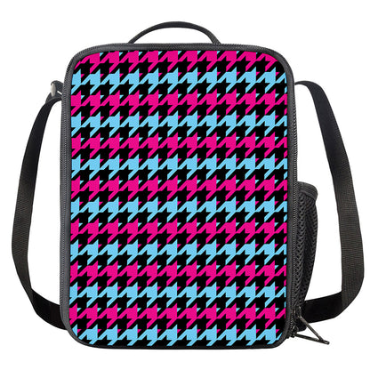 Pink Blue And Black Houndstooth Print Crossbody Lunch Bag