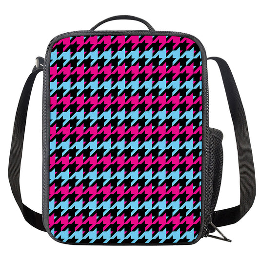 Pink Blue And Black Houndstooth Print Crossbody Lunch Bag