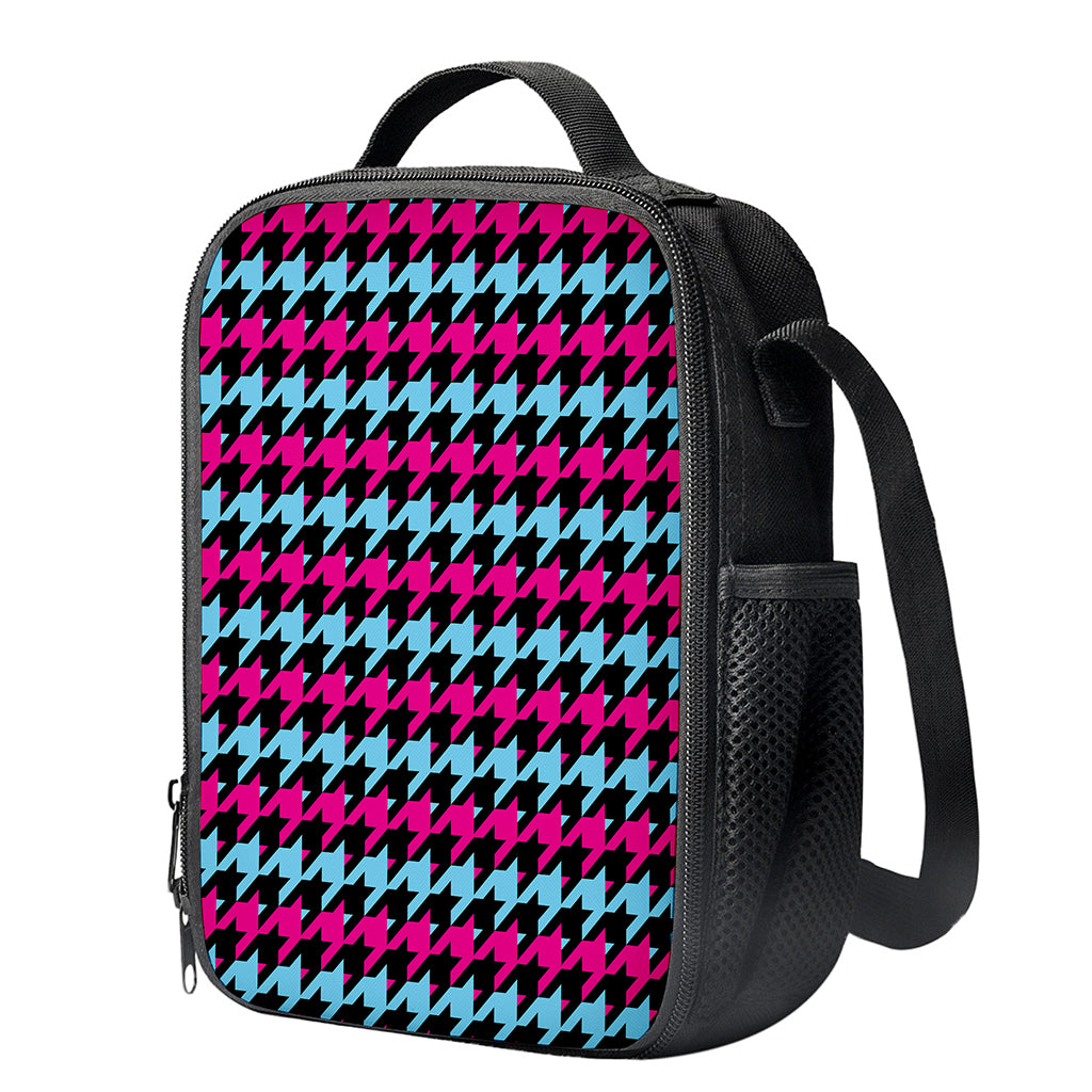 Pink Blue And Black Houndstooth Print Crossbody Lunch Bag