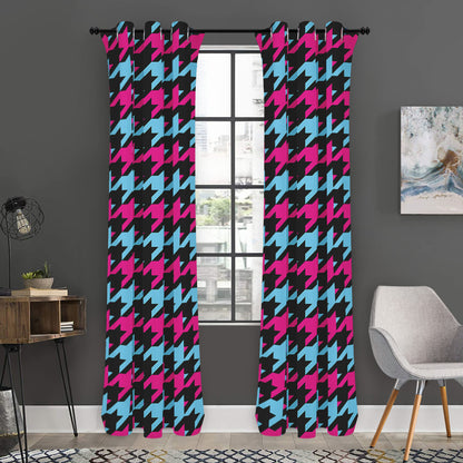 Pink Blue And Black Houndstooth Print Curtain