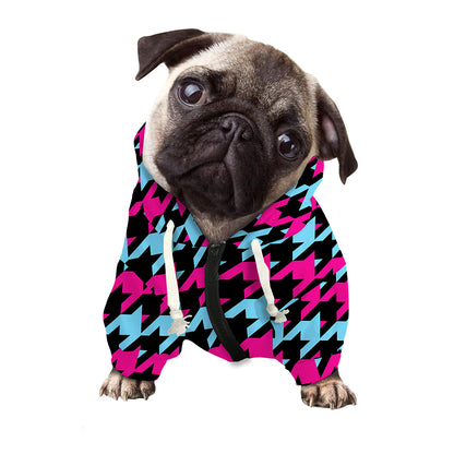Pink Blue And Black Houndstooth Print Dog Zip Up Hoodie