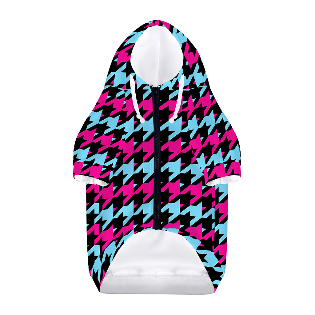 Pink Blue And Black Houndstooth Print Dog Zip Up Hoodie
