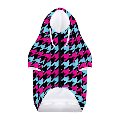 Pink Blue And Black Houndstooth Print Dog Zip Up Hoodie