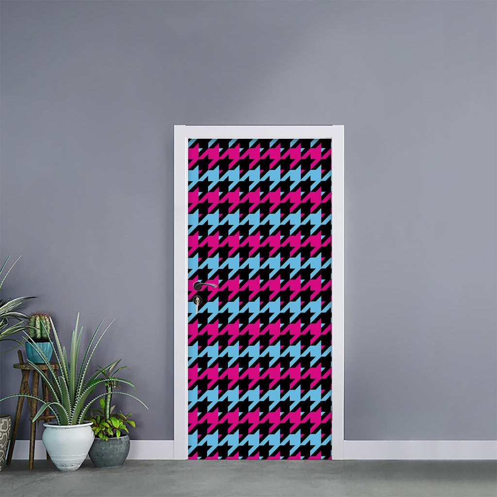 Pink Blue And Black Houndstooth Print Door Sticker