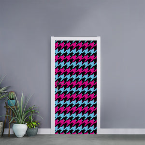 Pink Blue And Black Houndstooth Print Door Sticker