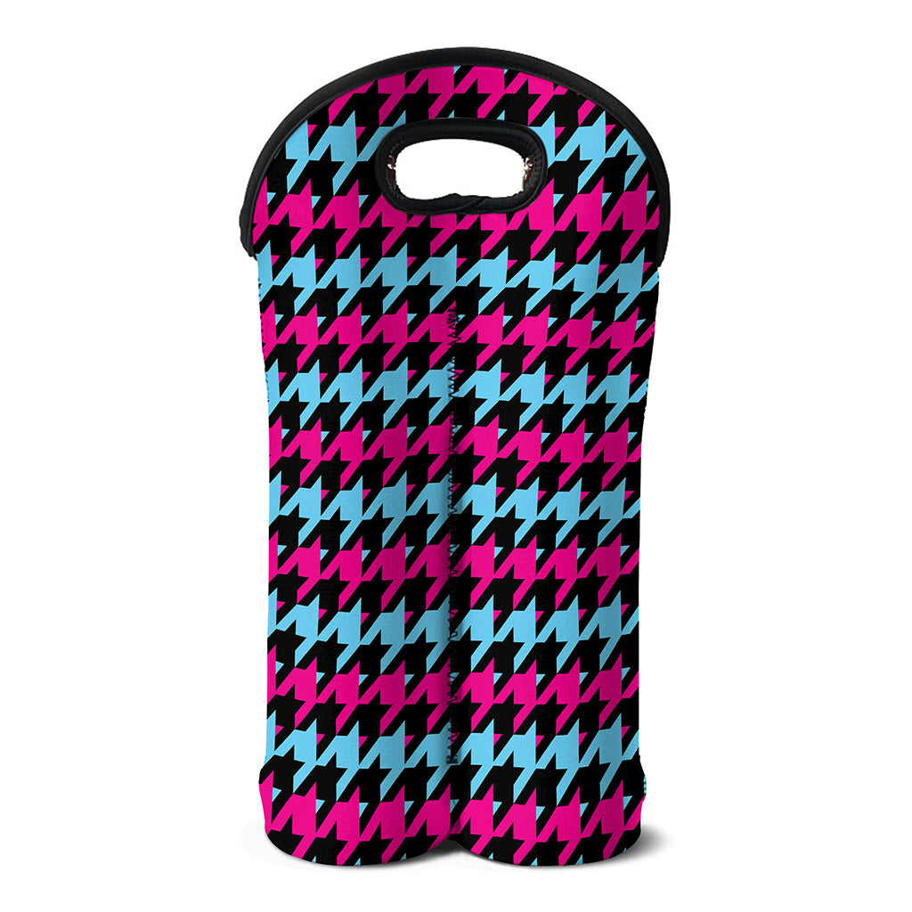 Pink Blue And Black Houndstooth Print Double Neoprene Wine Tote