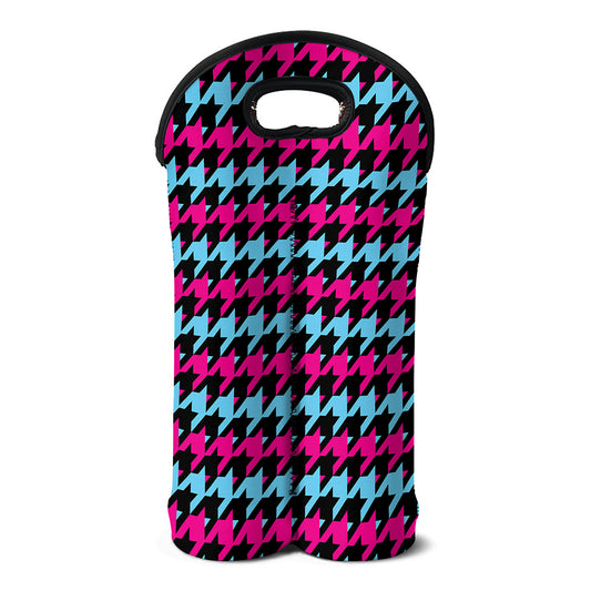 Pink Blue And Black Houndstooth Print Double Neoprene Wine Tote