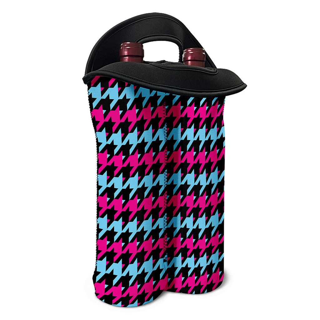 Pink Blue And Black Houndstooth Print Double Neoprene Wine Tote