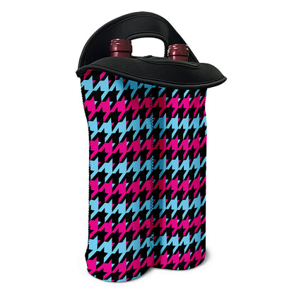 Pink Blue And Black Houndstooth Print Double Neoprene Wine Tote