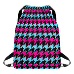 Pink Blue And Black Houndstooth Print Drawstring Backpack