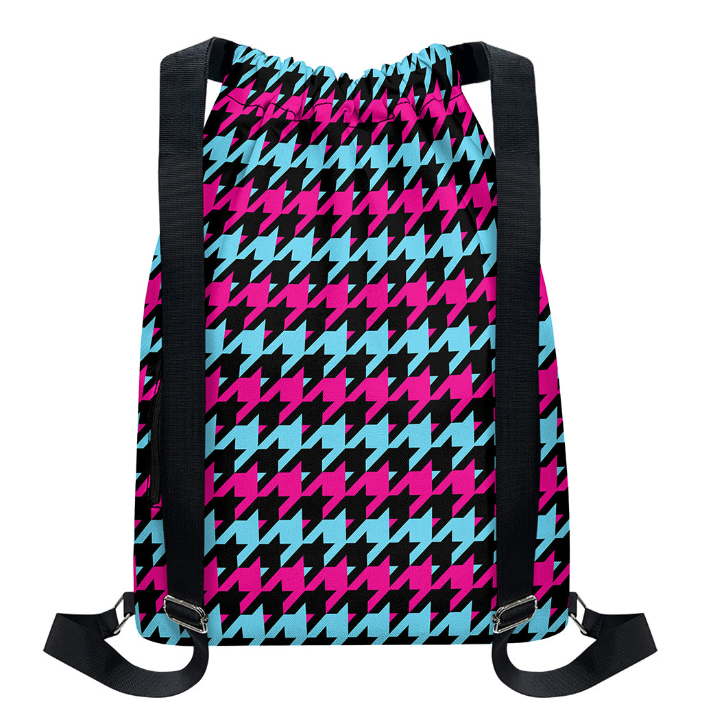 Pink Blue And Black Houndstooth Print Drawstring Backpack