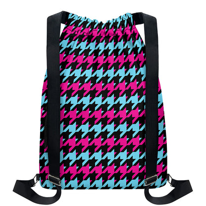 Pink Blue And Black Houndstooth Print Drawstring Backpack