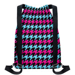 Pink Blue And Black Houndstooth Print Drawstring Backpack