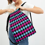 Pink Blue And Black Houndstooth Print Drawstring Backpack