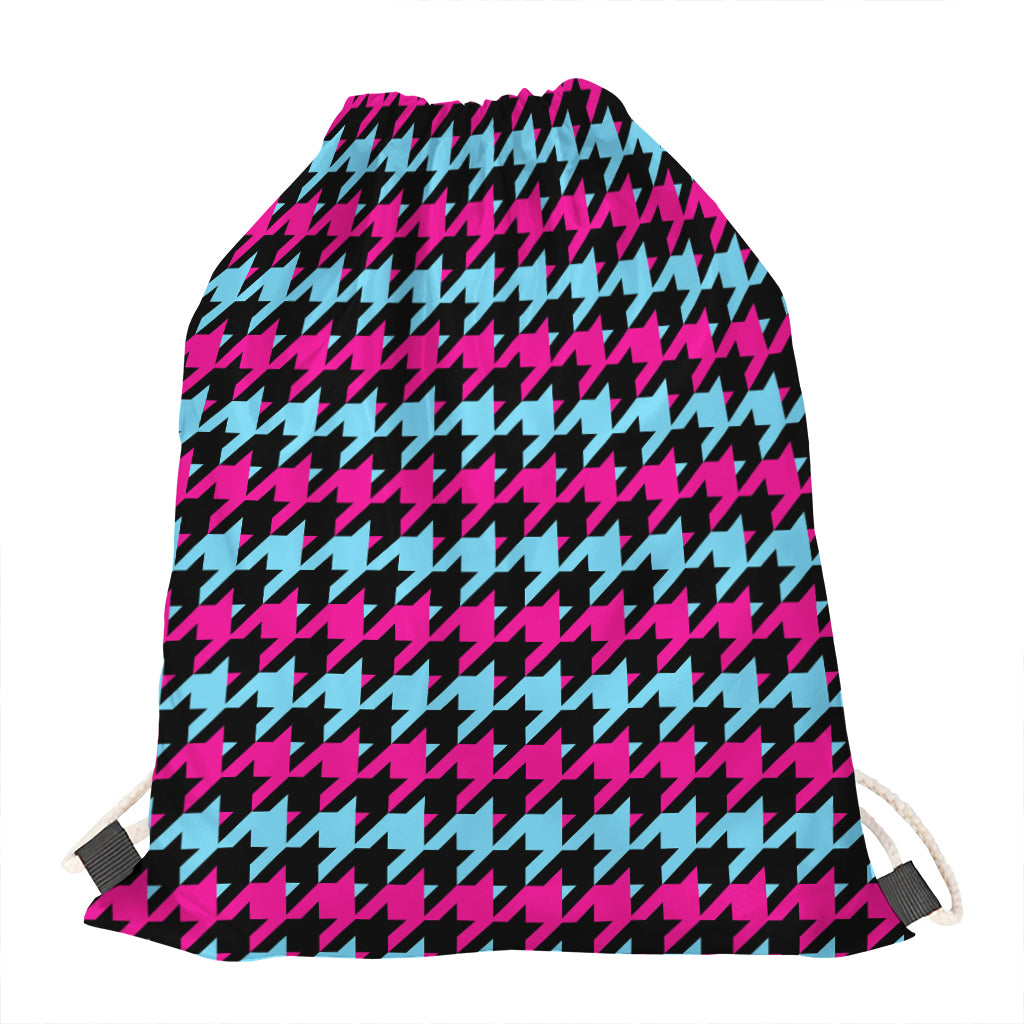 Pink Blue And Black Houndstooth Print Drawstring Bag