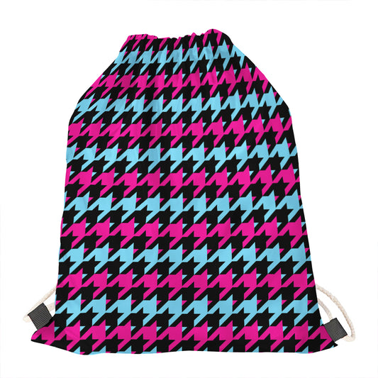 Pink Blue And Black Houndstooth Print Drawstring Bag