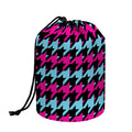 Pink Blue And Black Houndstooth Print Drawstring Makeup Bag