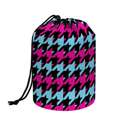 Pink Blue And Black Houndstooth Print Drawstring Makeup Bag