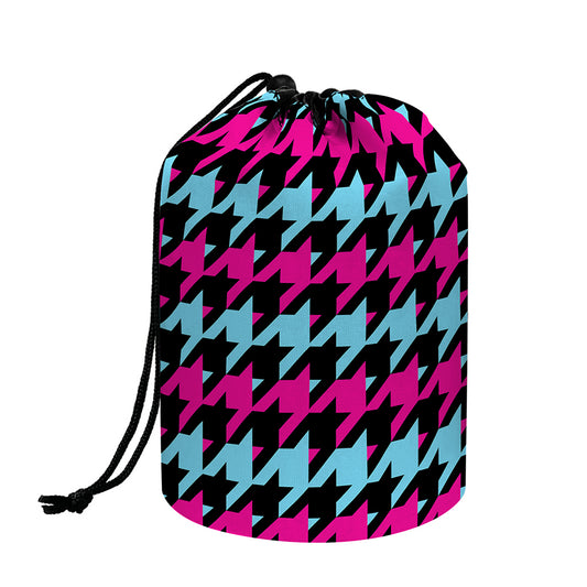 Pink Blue And Black Houndstooth Print Drawstring Makeup Bag