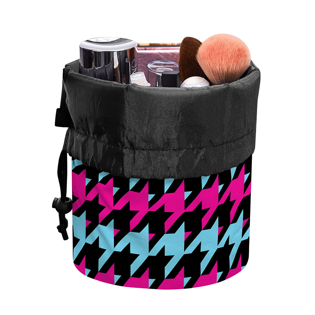 Pink Blue And Black Houndstooth Print Drawstring Makeup Bag