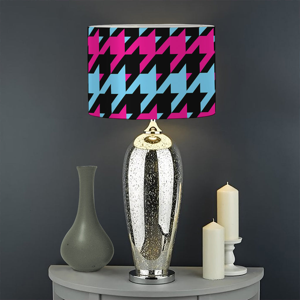 Pink Blue And Black Houndstooth Print Drum Lamp Shade
