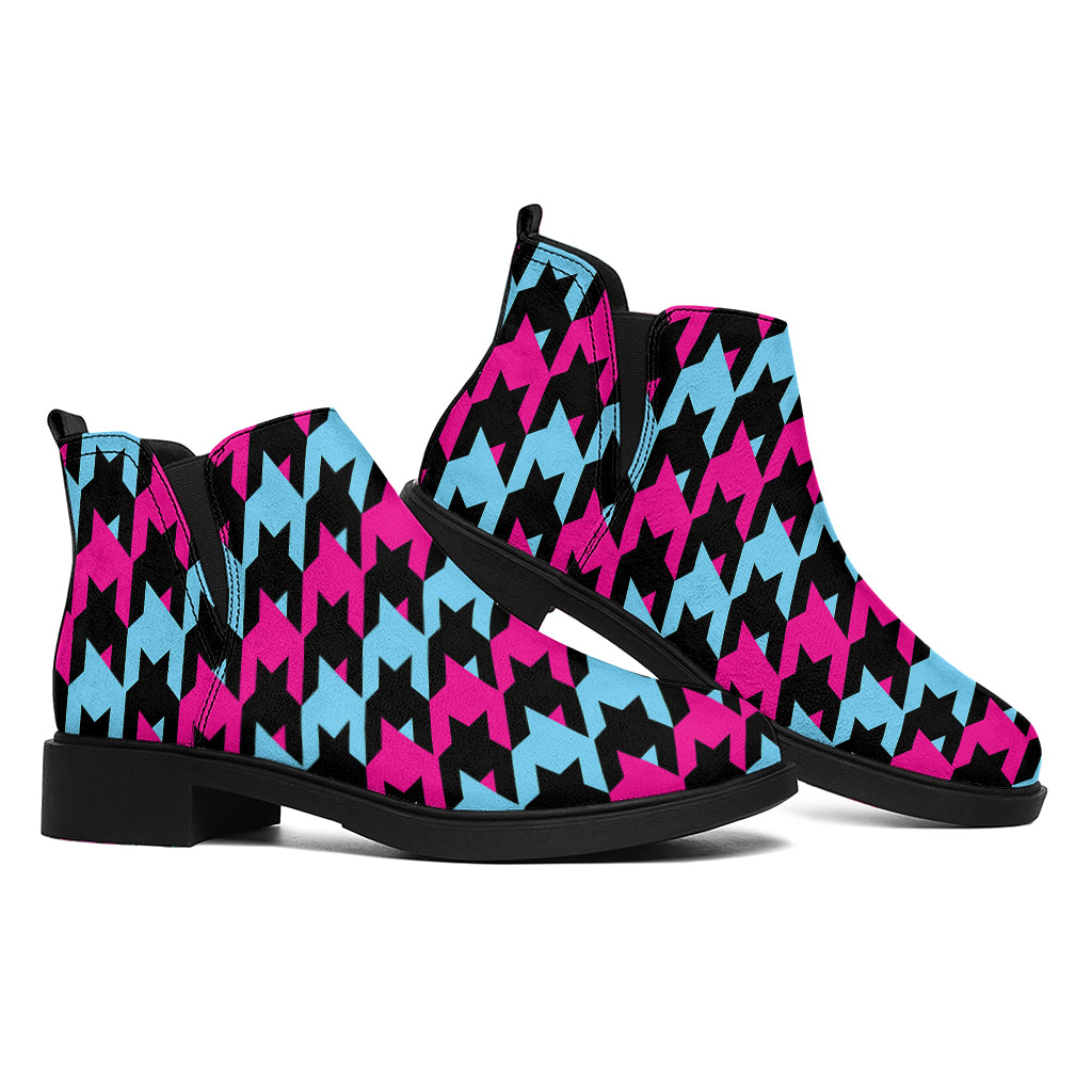 Pink Blue And Black Houndstooth Print Flat Ankle Boots