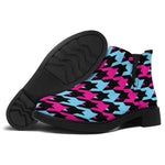 Pink Blue And Black Houndstooth Print Flat Ankle Boots