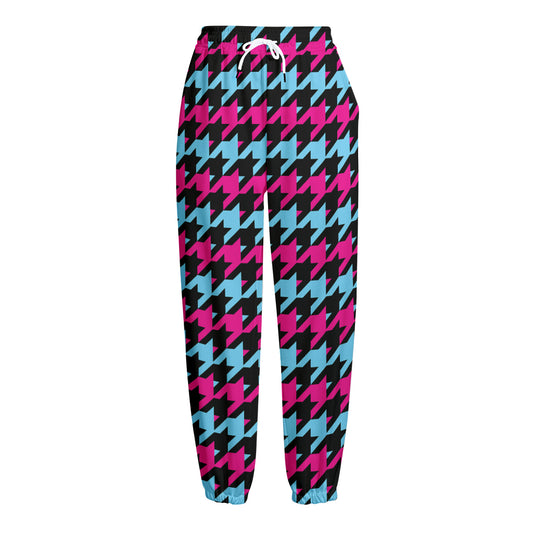 Pink Blue And Black Houndstooth Print Fleece Lined Knit Pants