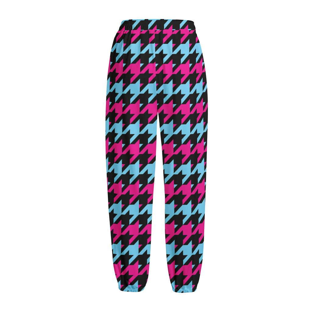 Pink Blue And Black Houndstooth Print Fleece Lined Knit Pants