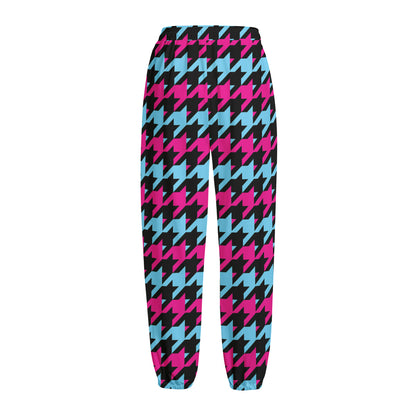 Pink Blue And Black Houndstooth Print Fleece Lined Knit Pants