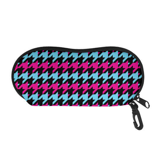 Pink Blue And Black Houndstooth Print Glasses Case