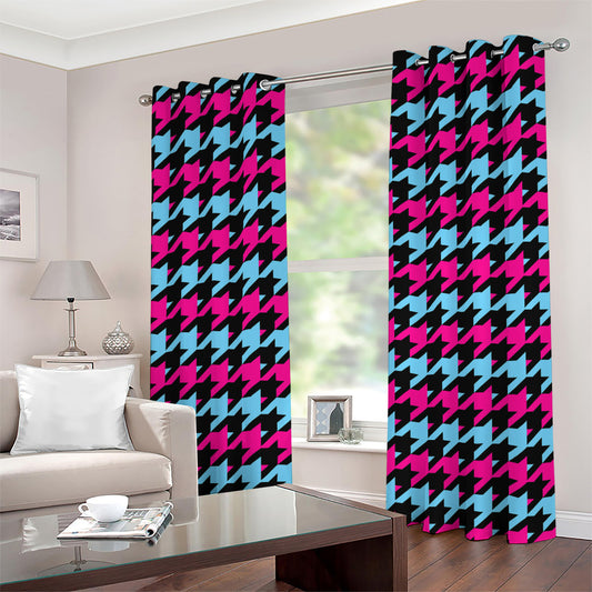 Pink Blue And Black Houndstooth Print Grommet Curtains