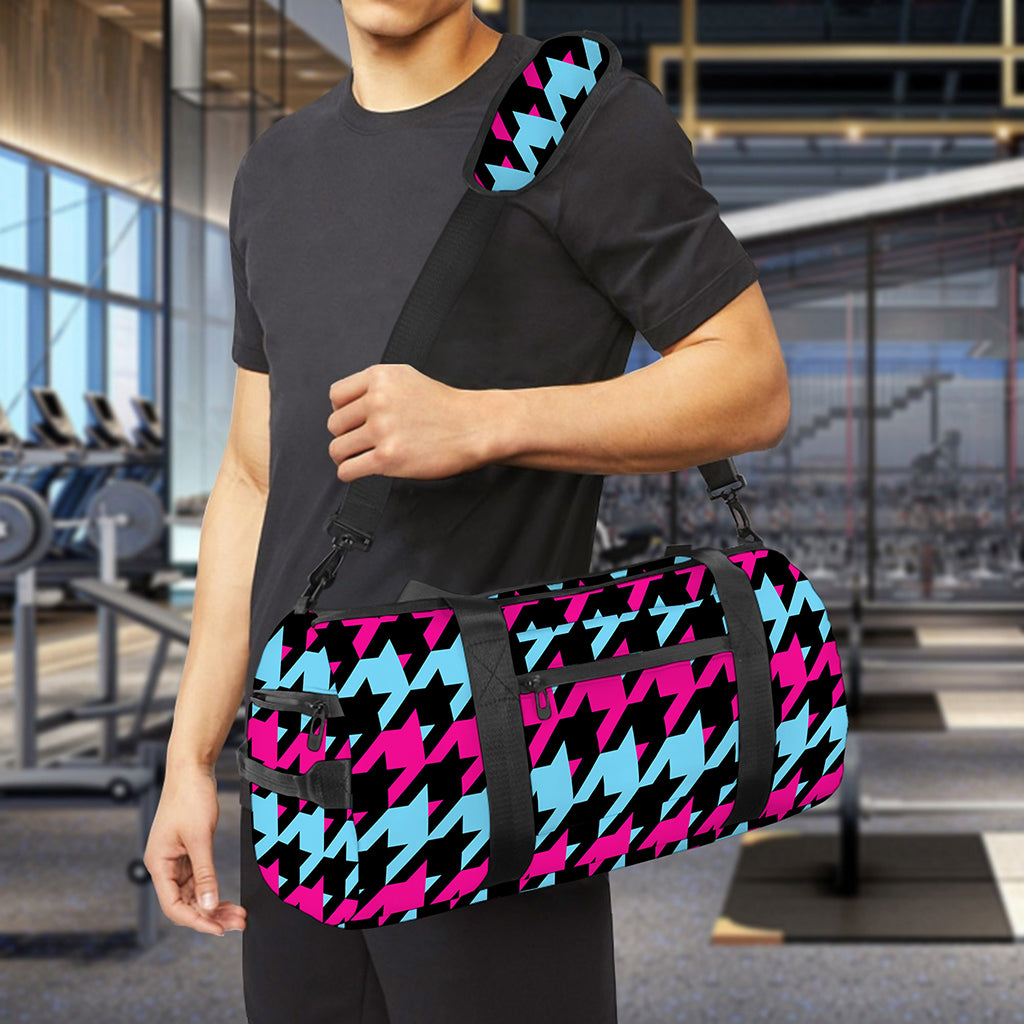 Pink Blue And Black Houndstooth Print Gym Bag
