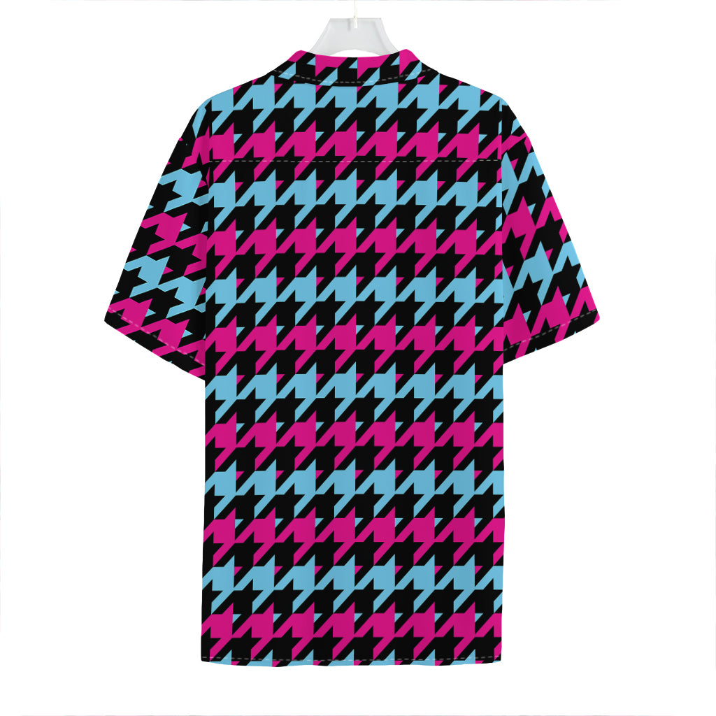 Pink Blue And Black Houndstooth Print Hawaiian Shirt