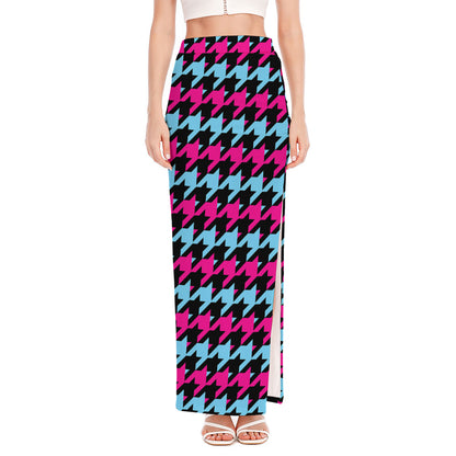 Pink Blue And Black Houndstooth Print High Slit Maxi Skirt