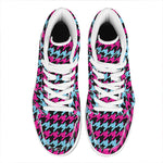 Pink Blue And Black Houndstooth Print High Top Leather Sneakers