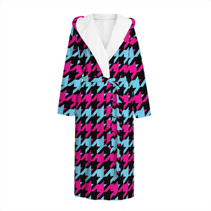 Pink Blue And Black Houndstooth Print Hooded Bathrobe