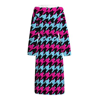Pink Blue And Black Houndstooth Print Hooded Bathrobe