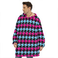Pink Blue And Black Houndstooth Print Hoodie Blanket