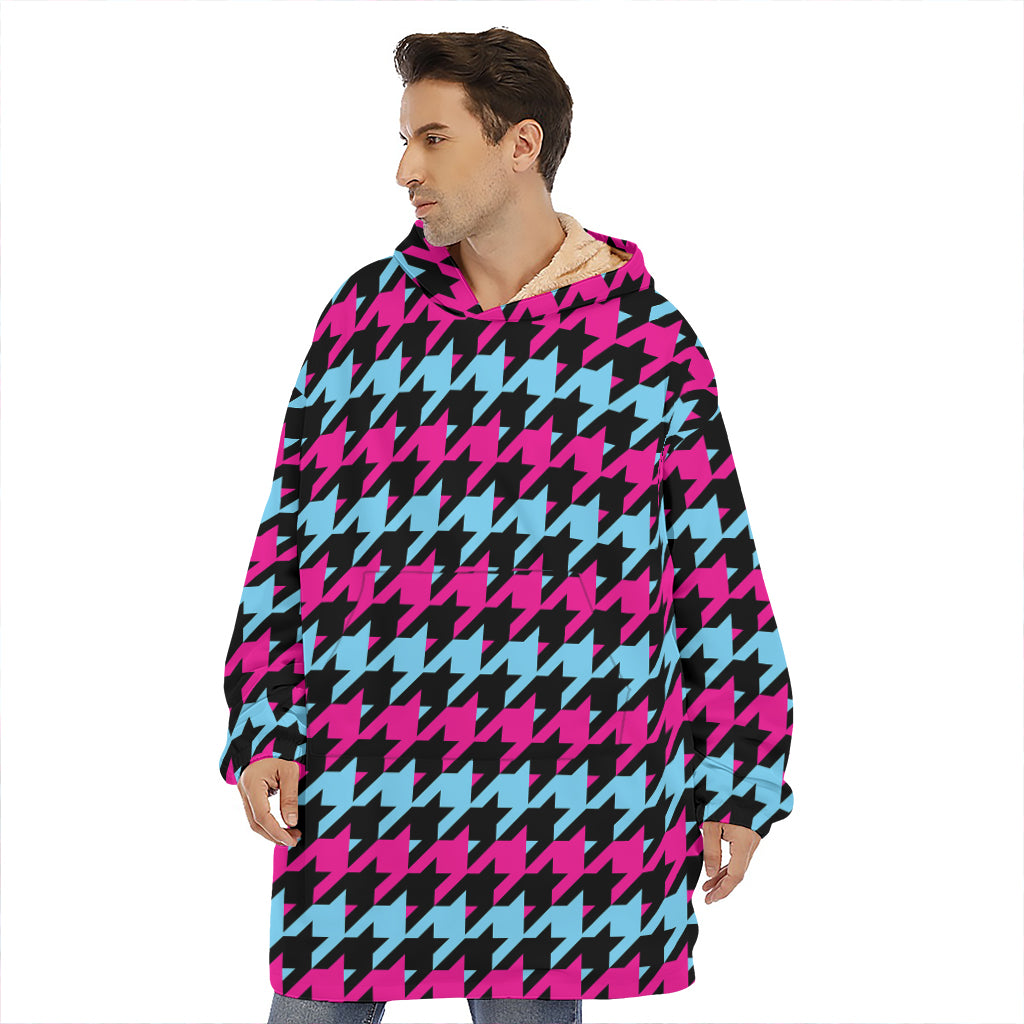 Pink Blue And Black Houndstooth Print Hoodie Blanket