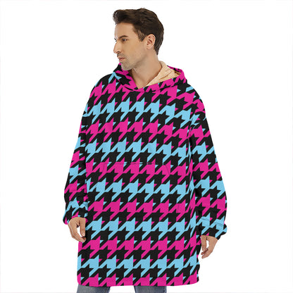 Pink Blue And Black Houndstooth Print Hoodie Blanket