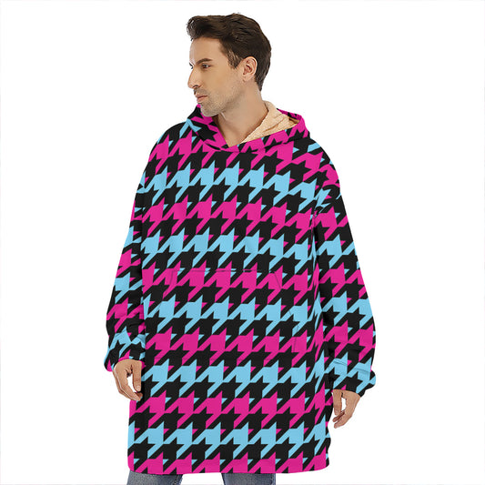 Pink Blue And Black Houndstooth Print Hoodie Blanket