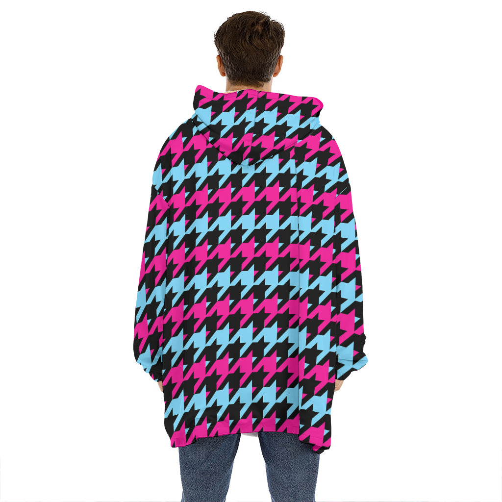 Pink Blue And Black Houndstooth Print Hoodie Blanket