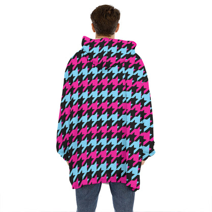 Pink Blue And Black Houndstooth Print Hoodie Blanket